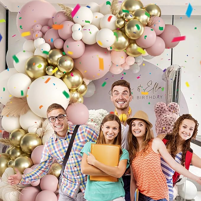 Pink White Gold Balloons Arch Kit, 155Pcs Dusty Pink Matte White Metallic Gold Balloon Garland for Birthday Bridal Baby Shower Wedding Confession Proposal Party Decorations