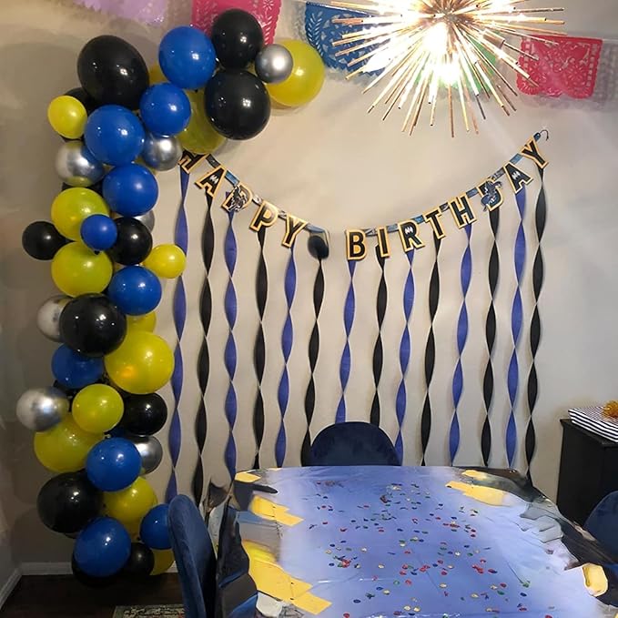 Balloons Blue Yellow and Black 60 Pcs, 12 Inch Dark Blue Yellow and Black Latex Balloons with Metallic Silver Balloons for Boys Police Robots Bat Hero Birthday Graduation Halloween Party Decorations