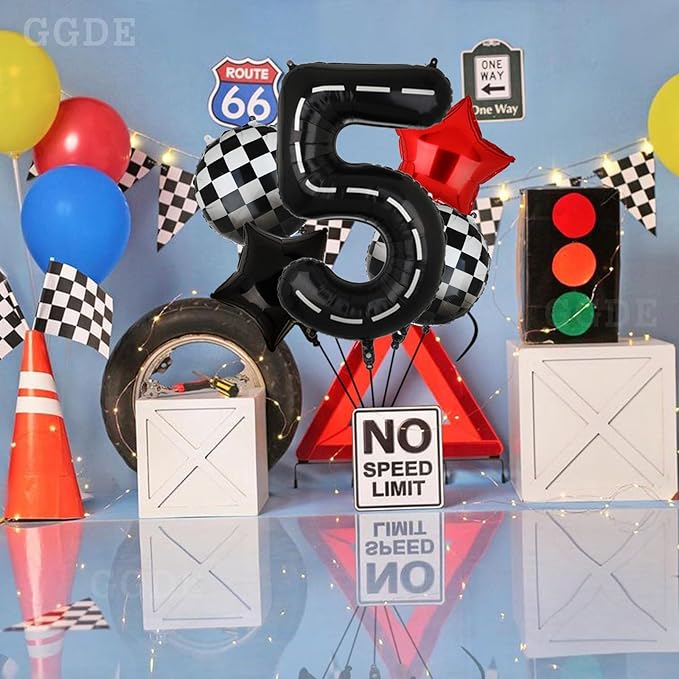 Race Car Birthday Balloons 40 Inch Racetrack Number Balloon 5 Black Boys 5st Birthday Race Car Theme Party Decor Supplies 5 Pcs