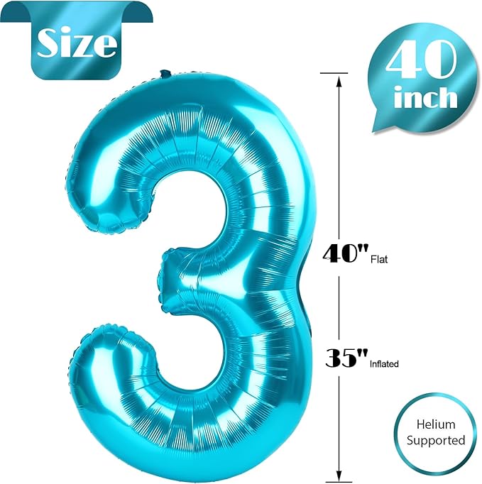 3 Balloon, Blue Number Balloons 40 Inch, 3rd Birthday Decorations for Kids Girls Boys, Men Women Blue Party Supplies for Party Decorations, Number 3 Balloon
