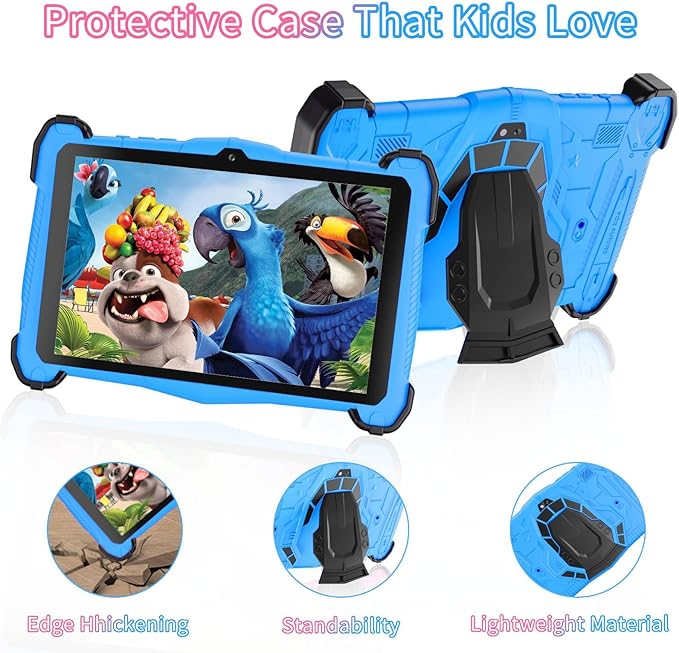 Kids Tablet 7 inch with Shockproof Case for Child 3-10, Educational Learning Toddler Tablet Android 14, 10GB RAM+64GB ROM, Parental Controls, Google Play YouTube, Gift for Boy Girl（Blue）
