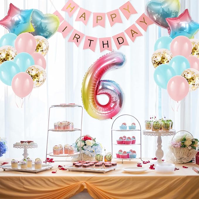 6th Birthday Decorations for Girls Gradient color Age 6 Birthday Balloons with Happy Birthday Banner for Baby showers Sixth Birthday Party Supplies for Girls Boys (6th-Birthday)
