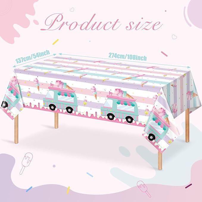 6 Pack Ice Cream Truck Tablecloth Party Decorations, Ice Cream Birthday Plastic Table Cloth Party Supplies, Disposable Rectangle Table Cover for Kids Sweet One Birthday Baby Shower, 54 x 108 Inch