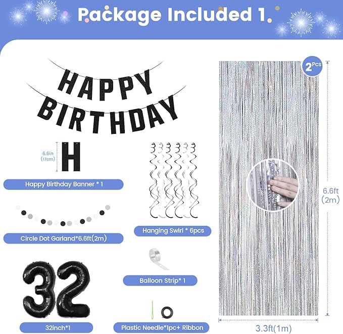 32th Birthday Decorations for Men Women- Black Silver Happy 32th Birthday Party Decor With Banner Backdrop,Number 32 Foil Balloon -Black White Balloons Garland Arch Kit for 32 Years Old