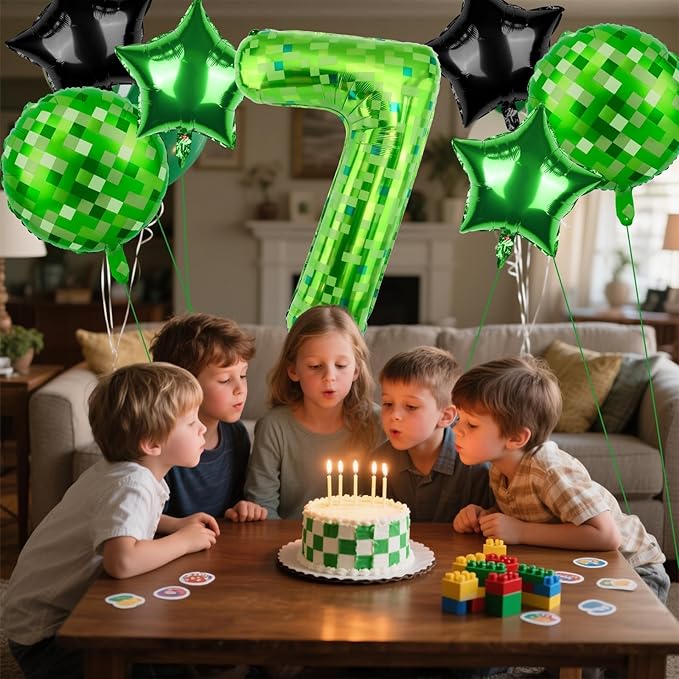 40 Inch Green Pixel Themed Number 7 Balloon Set Foil Balloon for Girls & Boys Birthday Party Decorations, Party Supplies & Favors (Number 7)