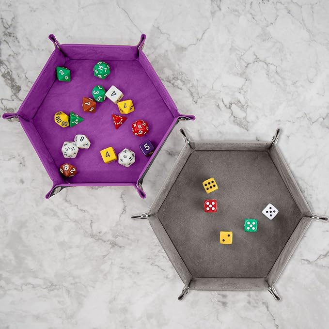 SIQUK 2 Pieces Dice Tray PU Leather Dice Trays Folding Hexagon Dice Holder Tray for Dice Games Like RPG, DND and Other Table Games (Gray and Violet)