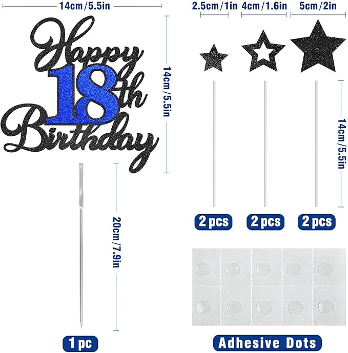 Happy 18th Birthday Cake Toppers, Black Blue Glitter Cake Decorations Set, 18th Birthday Decor, Birthday Anniversary Party Decorations Supplies