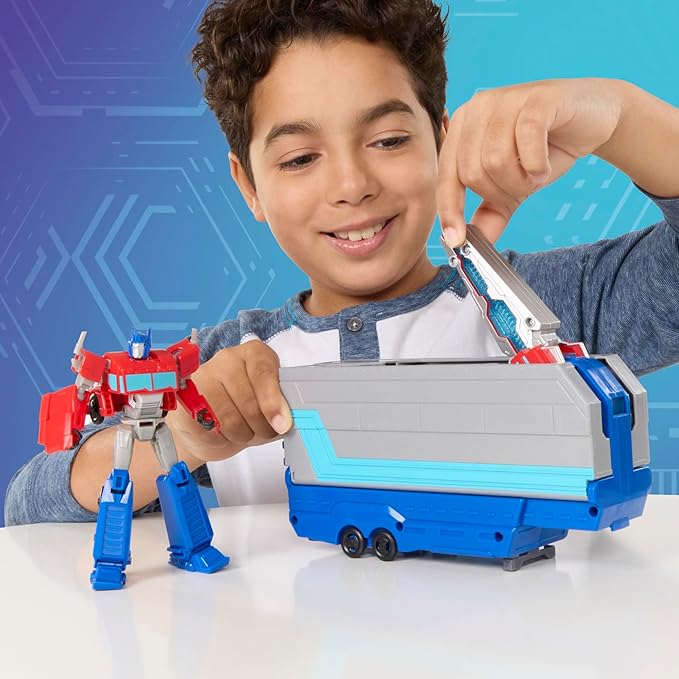 Transformers EarthSpark Optimus Prime Battle Trailer Playset with Action Figure, Lights and Sounds, Electronic Truck Toys for Kids 6 and Up