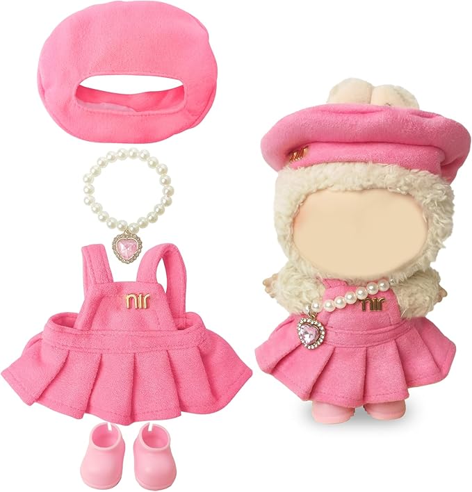 Clothes Compatible with LABUBU – Blue & White Tweed Dress with Bow, Bracelet & Shoes | 4PCS Couture-Inspired Outfit for 8-Inch Dolls (Rosy Macaron)