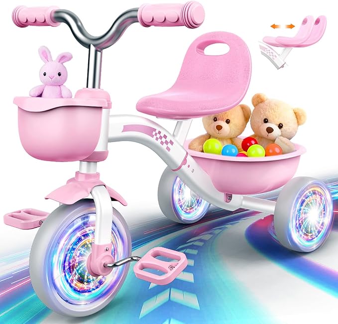 Toddler Tricycle for 1-3 3-5 Year Olds, 2 3 4 5 Year Old Girl Birthday Gifts, Pink Toddler Baby Bike, 4-Level Adjustable Seat, 3 Color Light Wheels, 2 Baskets, Outdoor Riding Toys for Ages 2-4
