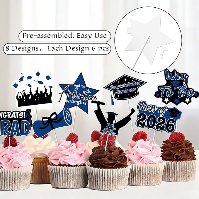 2026 Graduation Cupcake Toppers - 48 Pcs Blue Graduation Party Supplies Mini Cake Food/Appetizer Picks For Class of 2026 Graduation Decorations