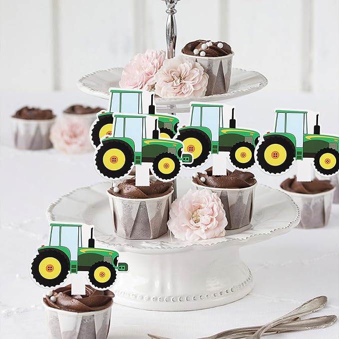 35 Pack Farm Tractor Cupcake Toppers Tractor Truck Car Cupcake Picks Tractor Card Cupcake Decorations for Construction Theme Baby Shower Boys Birthday Party Supplies Green