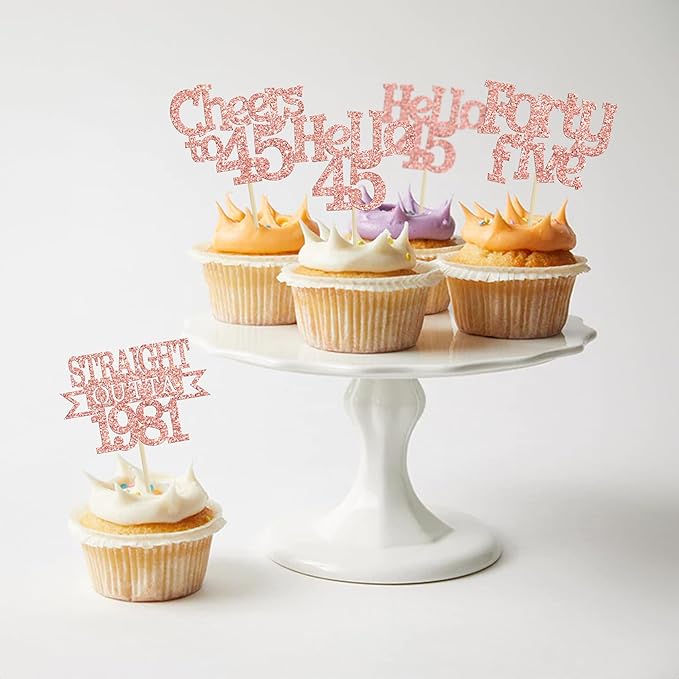 Ephlyn 24Pcs 45th Birthday Cupcake Toppers Glitter Straight Outta 1981 Cupcake Picks Hello 45 Cheers to 45 Years Cake Decorations for 45th Birthday Anniversary Party Decorations Supplies Rose Gold
