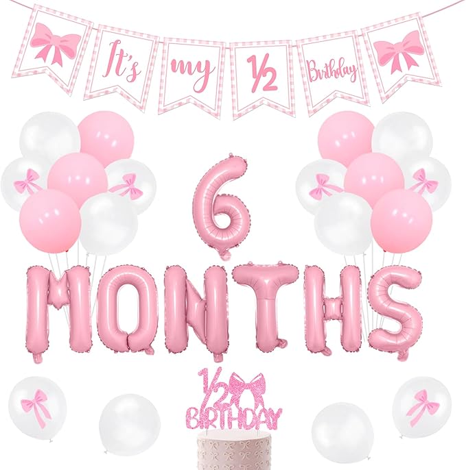 Half Birthday Decorations - Pink Gingham Banner Bow, Balloons, Cake Topper for Girls 6 Month Party Supplies