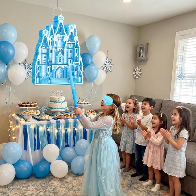 Princess Castle Piñata Blue Princess Birthday Party Supplies Blue Castle Piñata Set with Stick and Blindfold for Girls Kids Magical Wonderland Birthday Party Game Decorations Supplies