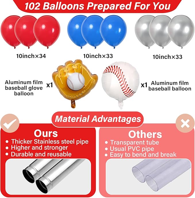 2 Sets Baseball Balloon Column Stand Kit With 102 Red Blue Silver Baseball Glove Foil Balloons Sport 5.57ft Adjustable Balloon Tower Stand With Bases Adjustable Arch Column for Game Birthday Supplies