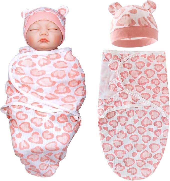 Reborn Baby Dolls Clothes Outfit Accessories Pink Heart Swaddle Blanket & Hat 2 Pcs Set for 17-22 Inch Reborn Doll Newborn Girl&Boy