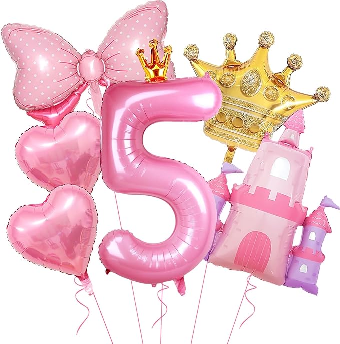 Princess Balloons for 5th Birthday Decorations Girl Castle Balloons Large Pink Crown Number 5 Balloon Pink Foil Balloon for Princess Birthday Party Decorations Supplies