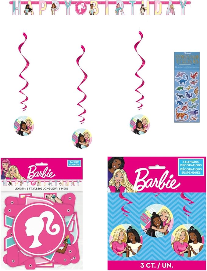 Barbie Birthday Party Supplies Bundle includes 1 Happy Birthday Banner, 3 Hanging Swirl Decorations, 1 Dinosaur Sticker Sheet