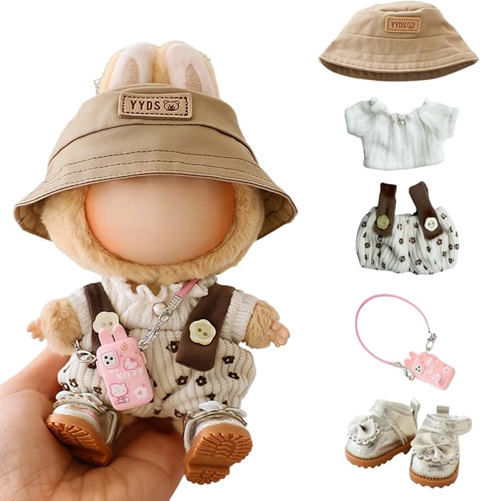 Clothes for Lu bubu 17cm Dolls Accessories(No Doll), Cute Outfit Set 5 Pieces Bib Pants for 17cm Doll Suit, Stylish Dress Up Overalls Doll Clothing Set Replacement with Hat Clothes Shoes Beige