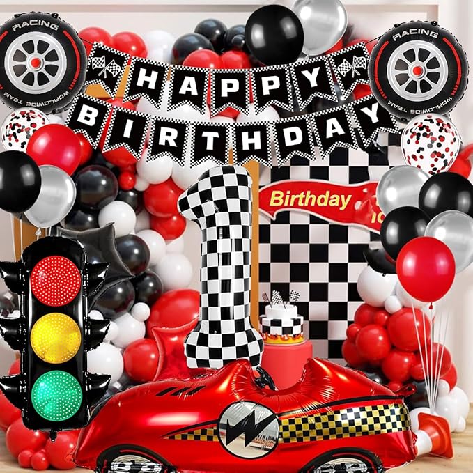 Race Car Birthday Party Decorations, with 40 Inch Number 1 Balloon, Happy Birthday Banner, Traffic Light and Foil Tire Balloon for 1st Car Themed Birthday Party Supplies