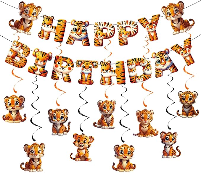 Zwiebeco Tiger Happy Birthday Party Decoration Banner Bunting Garland Hanging Paper Swirls Kit for Safari Wild One Woodland Jungle Theme Baby Shower Accessories Supplies