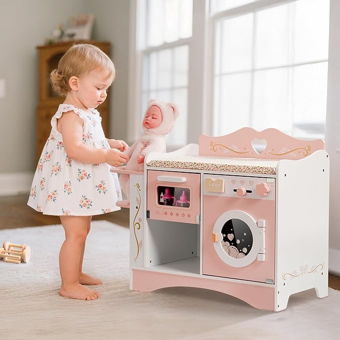 ROBOTIME Wooden 6-in-1 Baby Doll Changing Table with Baby Doll Crib, Washing Machine, Bottle Sterilizer, Storage Area, and Doll Seat, Ideal Role-Playing Toy for Kids 3+, Fits Dolls Up to 20 in, Pink