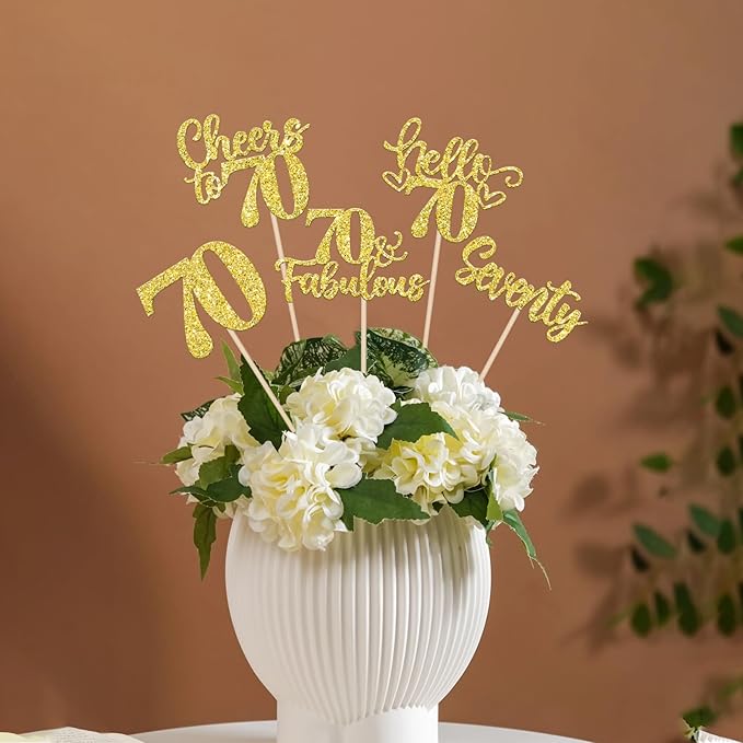 15PCS Happy 70th Birthday Centerpiece Sticks Hello 70 Fabulous Table Flower Centerpieces Sticks Seventy Cheers to 70 Years Floral Decoration for Happy 70th Birthday Party Centerpieces Sticks Gold