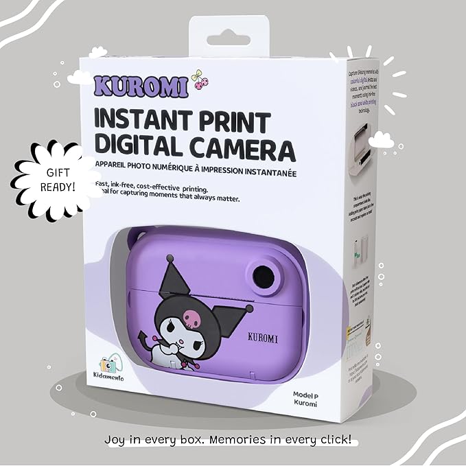 kiimento Sanrio Licensed Instant Print Digital Camera, Best Travel Buddy Kuromi, 2.4” HD Screen, Ink-Free B&W Printing, Selfie Lens, 1080p Video, 32GB Memory Card (Model P)