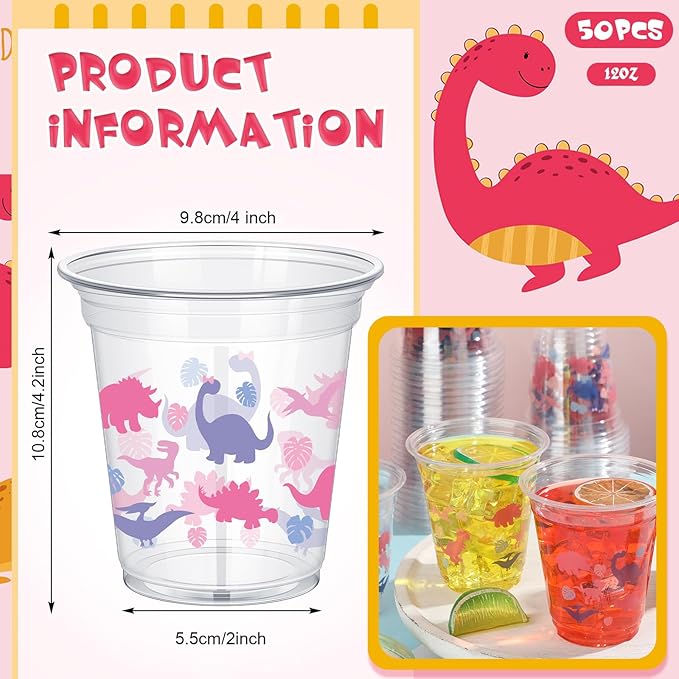 50 Pcs Girl Dinosaur Birthday Party Decorations Cups 12 oz Dinosaur Disposable Plastic Cups Dino Theme Tumbler for Three Rex Birthday Party Supplies Decorations, Pink