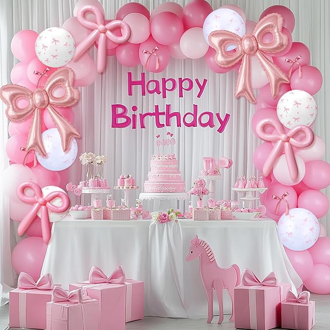 88Pcs Pink Bow Confetti Balloons, Huge Pink Bow Aluminum Foil Balloons Helium Latex Balloon for Birthday Baby Shower Wedding Engagement Bridal Bachelorette Princess Coquette Party Decorations Supplies