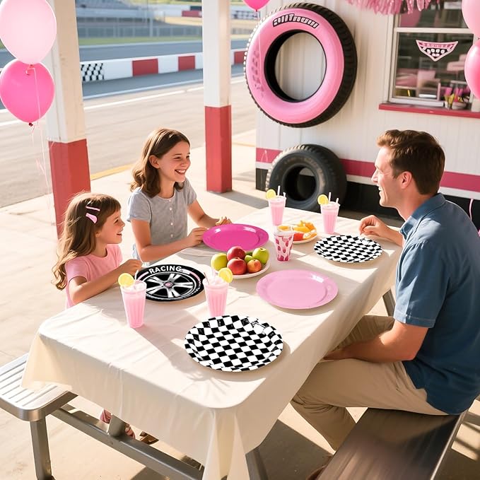 60Pcs Pink Race Car Party Plates 9" Racing Party Decorations Pink Black White Checkered Racing Car Paper Plates Disposable for Valentine’s Day Girls Birthday Baby Shower Race Themed Par-ty Supplies