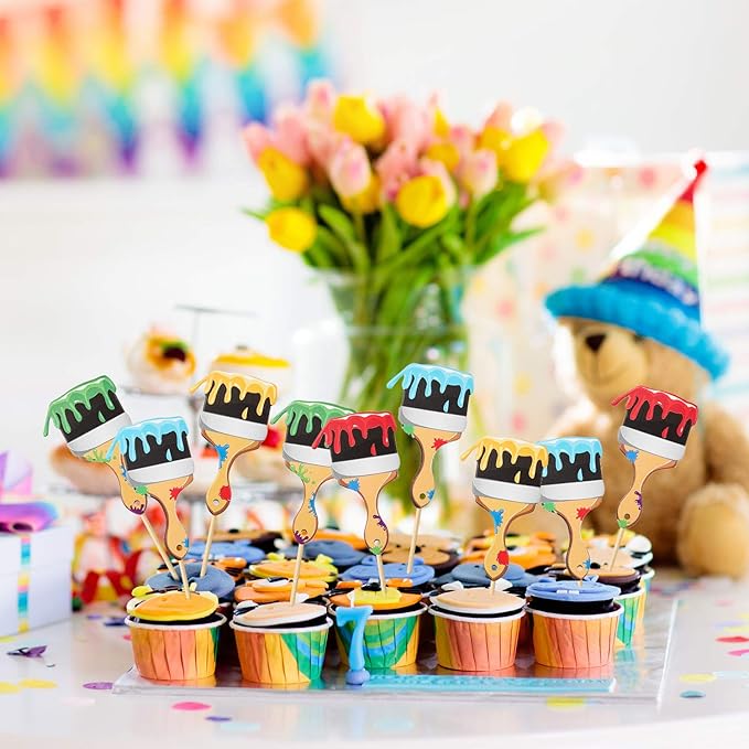 36pcs Paint Brush Cupcake Toppers Painting Cupcake Picks Toothpicks for Art Theme Cake Decorations Artist Birthday Party Favors Supplies