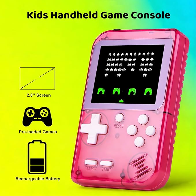 Kids Handheld Game Console Pre-Loaded 400 Classic Games, Portable Video Game Console with 2.8" Color Screen, Rechargeable Battery, Handheld Electric Game Console for Boys Girls (Red)