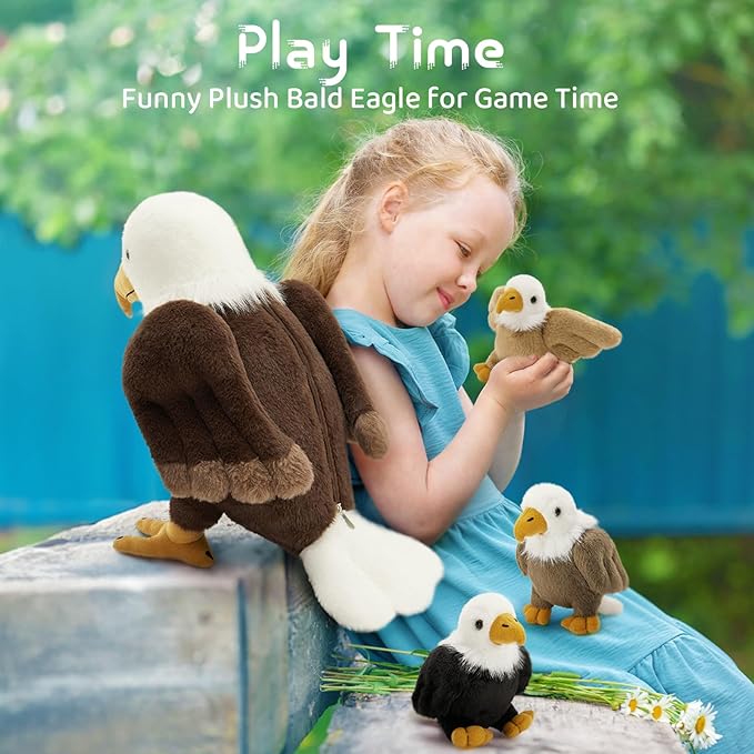 4Pcs Bald Eagle Stuffed Animal, 18 Inch Mommy Eagle Plush with 3 Baby Chicks, Stuffed Bald Eagle Plushie Toy Gifts for Kids