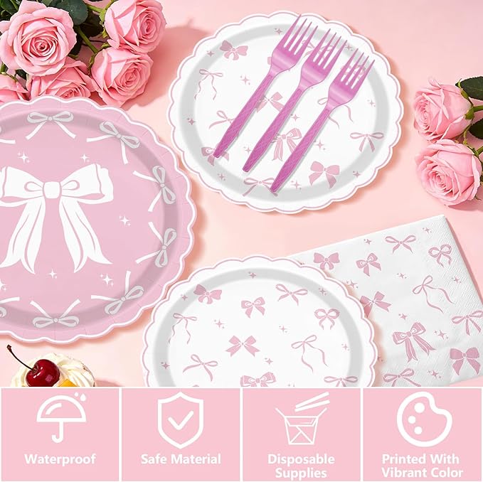 Pink Bow Party Supplies Set for 20 Guests, Including Tablecloths, Forks, Napkins and Plates for Pink Bow Birthday Decorations Coquette Birthday Party Bachelorette