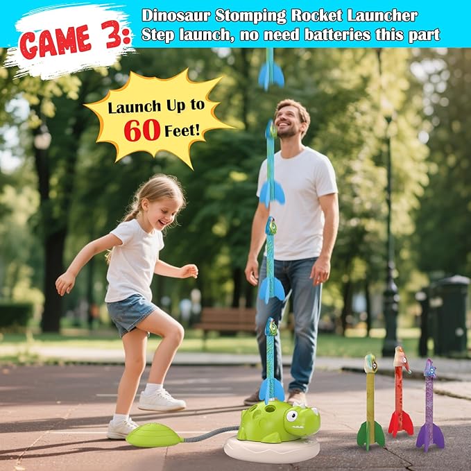 Indoor Outdoor Games for Kids Easter, 3 in 1 Musical Jump, Ring Toss Game & Stomping Rocket Launcher for Kids, Dinosaur Sports & Outside Play Activities Toys with Remote Control for Toddlers 4-8