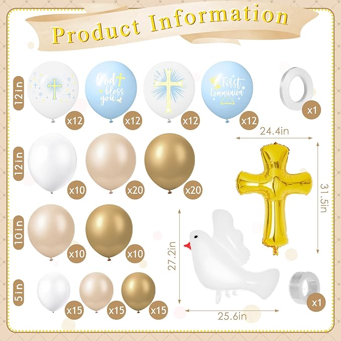 169 Pcs First Communion Decorations Balloons Kit Baptism Party Decorations Blue Metallic Gold Balloons Arch Kit First Holy Communion Decor for God Bless Christening Birthday Theme Party Supplies