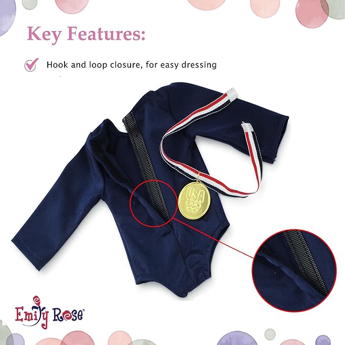 Emily Rose 18 Inch Doll Gymnastics Outfit 4-Piece Gymnast Playset | Leotard, Tumbling Mat, Gold Medal & Face Stickers | USA Brand, Premium Quality 18” Doll Clothes & Accessories