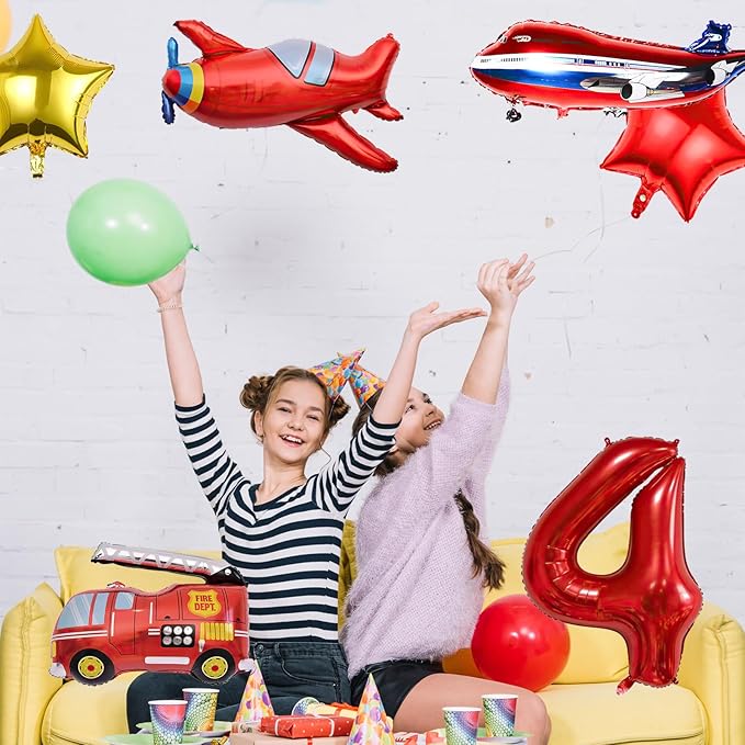 12pcs Transportation Balloons, Truck Plane School Bus Fire Truck Police Car Ship Ambulance Submarine Foil Balloon, Transportation 4th Birthday Vehicles Theme Party Supplies Decorations (4th)