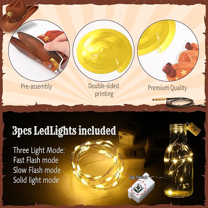 Capoda 57 Pcs Western Cowboy Party Decorations Cowboy Boot Hanging Swirl Decorations with Led Lights West Boot Banner Ceiling Streamers for Wild West Themed Birthday Party Supplies Decor