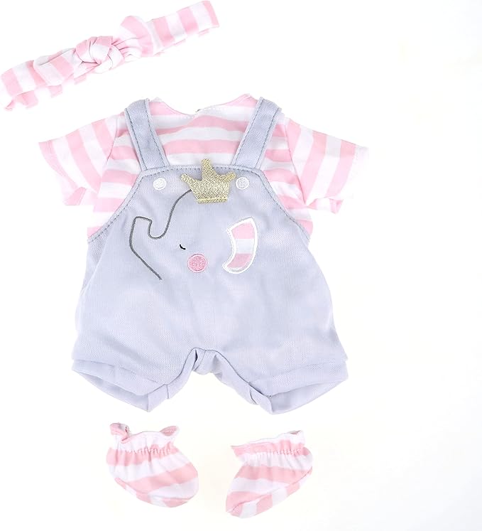 JC Toys | Berenguer Boutique | Baby Doll Outfit | Gray Overall Shorts with Pink Stripes | Includes Headband and Booties | Ages 2+ | Fits Dolls 14"- 16"