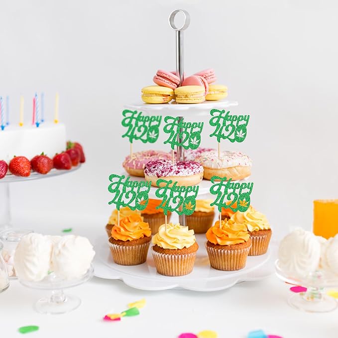 Ercadio 24 Pcs Green Glitter Marijuana Cupcake Toppers Have a Dope Birthday Cake Topper Cake Decorations for Men Women Marijuana Them 420 Birthday Party Supplies
