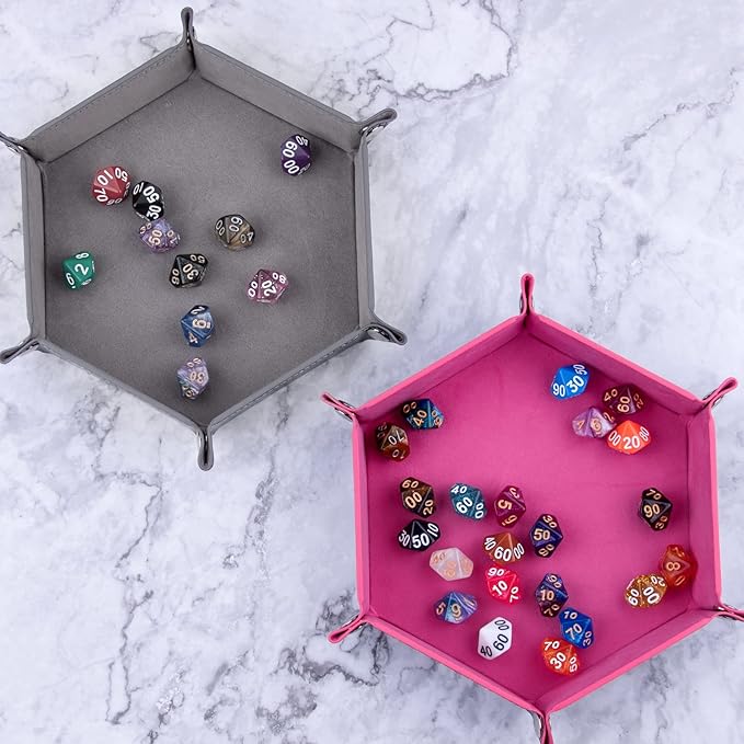 SIQUK 2 Pieces Dice Tray PU Leather Dice Folding Hexagon Tray Dice Holder for Dice Games Like RPG, DND and Other Table Games (Pink, Gray)