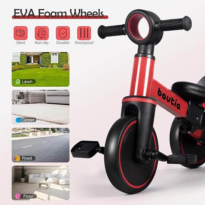 Kids Tricycle for Toddlers 1-3 with Push Handle, 5 in 1 Baby Balance Bike Toy for 1-4 Years Old Boys Girls Gift with Removable Pedals, Red (No Parent Steering Version)
