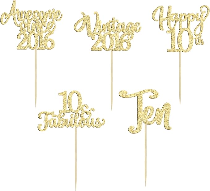 30Pcs Vintage 2016 Cupcake Toppers Glitter Happy 10th Birthday 10 Fabulous Cupcake Picks Cheers to 10 Years for 10th Birthday Wedding Anniversary Party Cake Decorations Supplies Gold