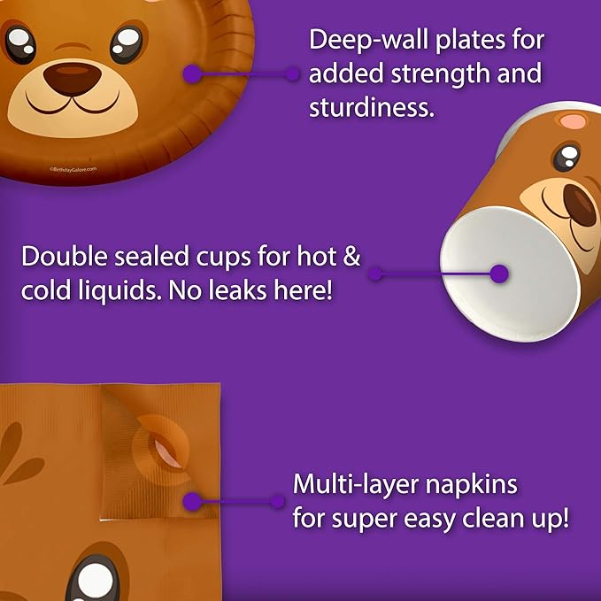 Bear Birthday Party Supplies Set Plates Napkins Cups Tableware Kit for 16