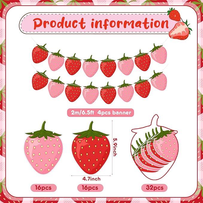Lewtemi 4 Packs Strawberry Garland Decoration, Strawberry Party Supplies for Berry First Birthday, Baby Shower, Summer Picnic, Fruit Theme Party, Hanging Banner for Wall, Table, Photo Booth(Red, Pink)