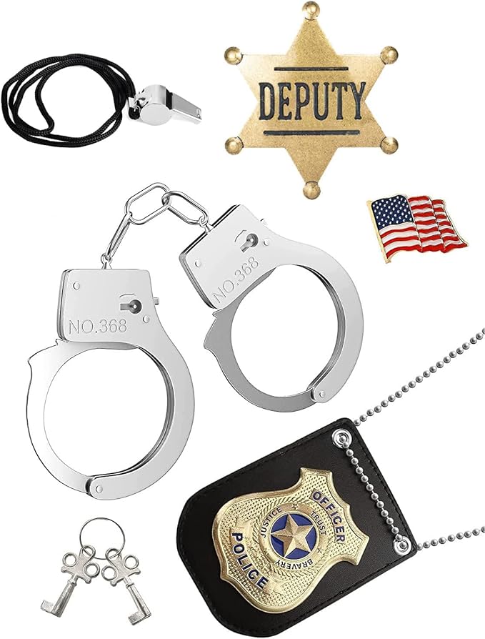 Police Badge Police Pretend Play Toy Set for Metal Handcuffs with Key American Flag Waving Lapel Pins Whistle Halloween NYPD Police Deputy Badge Dress Up Pretend Play Accessory