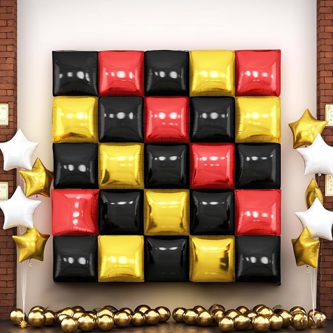 Black Red Gold Square Foil Balloon Wall,25Pcs Double Sided Foil Balloons Backdrop Helium Polyester Tunnel Arch Garland Kit for Birthday Bridal Anniversary Baby Shower Party Decorations